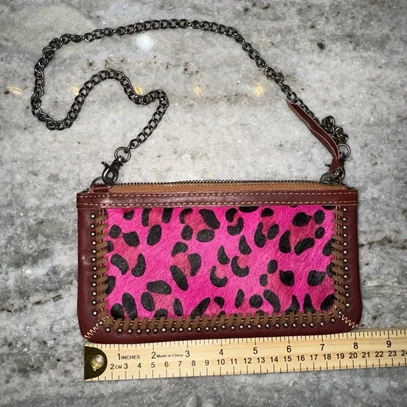 American Bling Leather Hand Bag Clutch Pink Cowhide Chain Strap - Picture 1 of 7